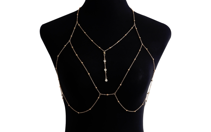 Women Layering Body Chain with Shinning Crystal Brides Body Jewelry Gold Pated