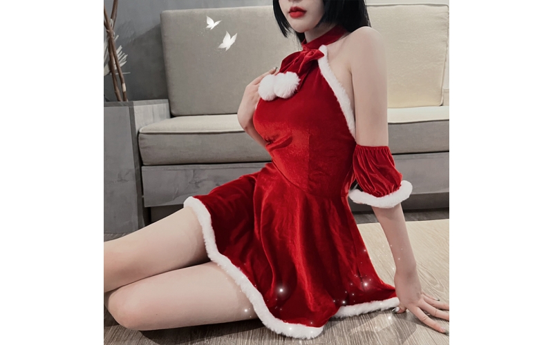 Sexy Christmas Lingerie For Women Santa Babydoll Chemise Red Costume with 4PCS Garters Belt